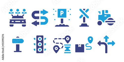 Road icon set. Vector illustration. Containing steamroller, sign, car rental, parking sign, two ways, route, directions, signboard, traffic light