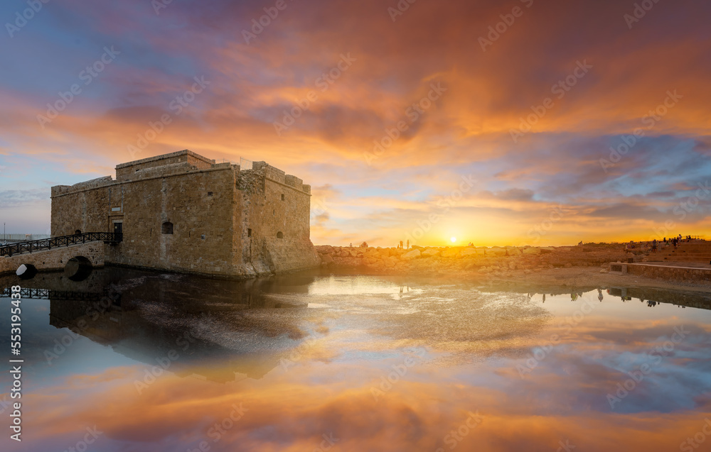 Landscape with medieval architecture of Paphos at sunset, Cyprus