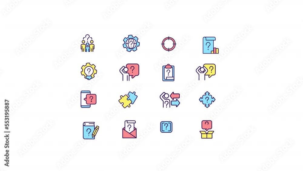 Animated question color icons. Communication. Decision making. Solve problems. Seamless loop HD video with alpha channel on transparent background. Simple filled line motion graphic animation set Animated question color icons. Communication. Decision making. Solve problems. Seamless loop HD video with alpha channel on transparent background. Simple filled line motion graphic animation set