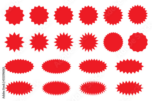 Starburst red sticker set - collection of special offer sale round and oval sunburst labels and buttons isolated on white background. Stickers and badges with star edges for promo advertising.
