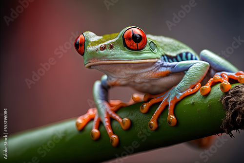 Redeyed tree frog agalychnis callidryas closeup on branch Generative AI photo