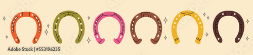 Cowboy western theme wild west concept.Hand drawn colorful vector set. Elements are isolated.Different set of horseshoe. Hand drawn colored flat vector illustration.