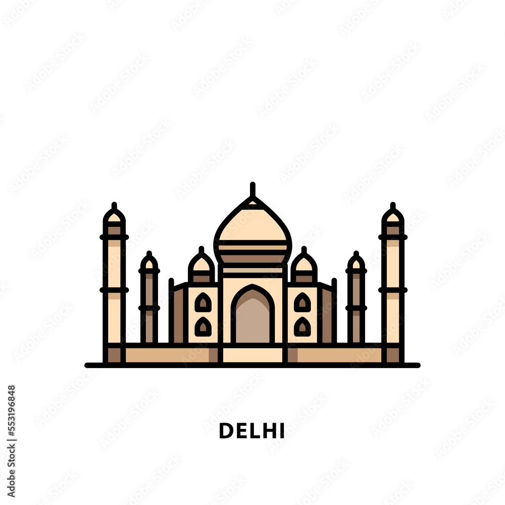 Indian city icons. Agra-Taj Mahal. Delhi. Minimal vector illustration, linear style.