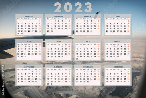 Fototapeta Naklejka Na Ścianę i Meble -  Calendar 2023, simple one page calendar 2023, travel calendar 2023