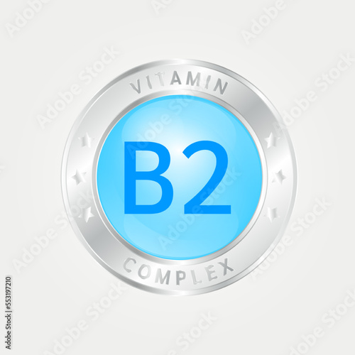 Vitamin B2 Icon structure circle blue. silver border. 3D vector EPS10. Pill complex, collagen serum chemical formula. Beauty treatment nutrition skin care design, healthy. Medical, scientific. 