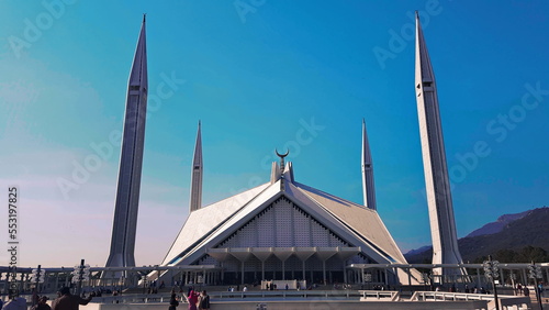 Faisal Mosque, Islamabad, Pakistan February, 05, 2019: Largest mosque in country, Completed in 1986, Project was Initiated by King Faisal bin Abdul-Aziz, Designed by Turkish architect Vedat Dalokay. photo