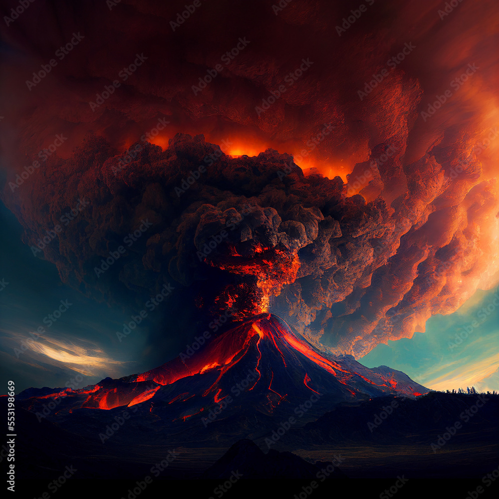 volcano explosion with lava, smoke and big toxic cloud