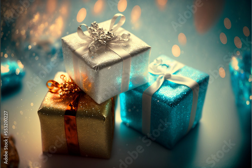 Pila di regali di Natale quadrati con confezione scintillante e grandi fiocchi generati dall'AI photo