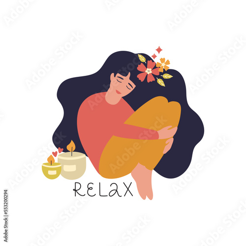 The concept of the necessary relaxation after hard working days. A young girl enjoys aroma candles. Positive psychology, positive emotions, self-care. Vector illustration.