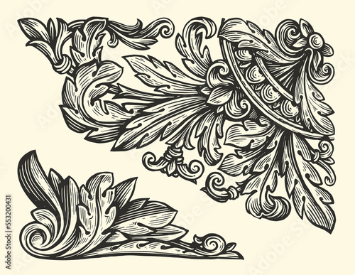 Decorative floral design elements. Ornate swirling floral motif. Pattern vector illustration in vintage engraving style