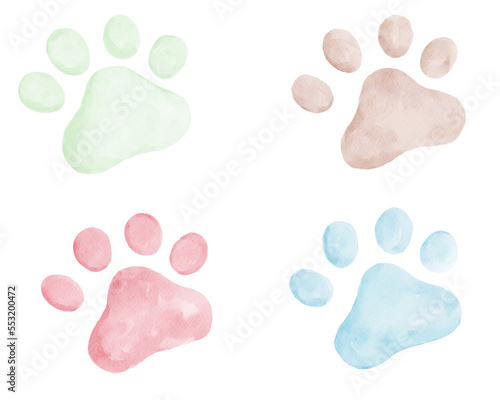Cat paws collection in pastel color - light green, dark beige, red and light blue, watercolor painting elements illustration clip art © Kunrus