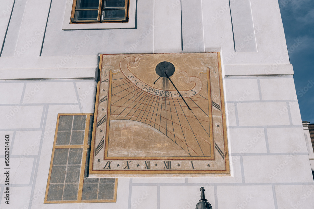 Cesky Krumlov, Czech - Nov 21, 2022 : A sundial that shows the wisdom of the ancestors of Cesky Kromlov