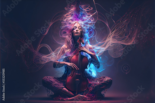 Surreal meditation artwork with a woman in a trance, playing a cello amongst mystical waves, ideal for spiritual and musical visual content.. generative ai 