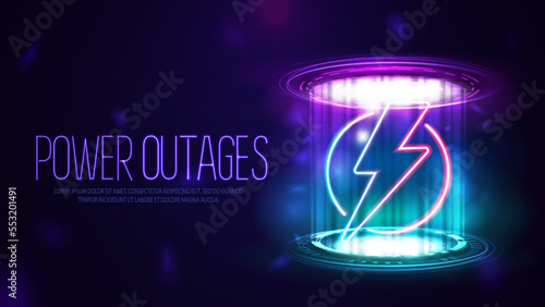 Power Outages, purple poster with neon warning logo on blue and pink digital podium with hologram digital rings in dark room