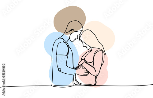 Couple in love, spouses, pregnant woman one line art with colorful elements. Continuous line drawing of pregnancy, motherhood, preparation for childbirth, family, expectation of a child.