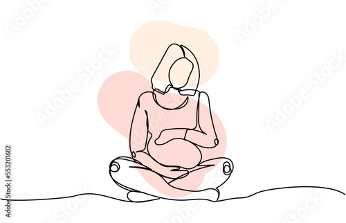 Pregnant woman sitting in lotus position one line art with colorful elements. Continuous line drawing of pregnancy, motherhood, fitness, preparation for childbirth, yoga for pregnant women.