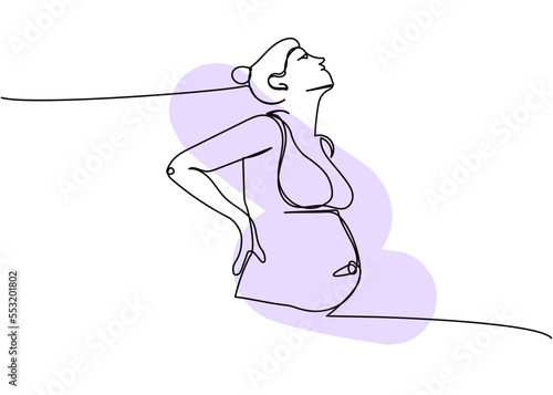 Pregnant woman, hands on the lower back one line art with colorful elements. Continuous line drawing of pregnancy, motherhood, preparation for childbirth, pregnancy pain, late pregnancy.