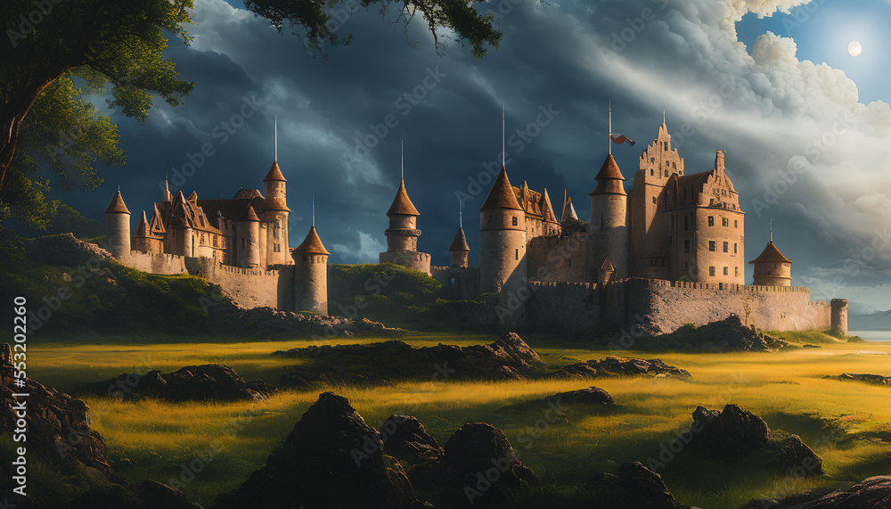 A painting depicting a majestic castle on a hill during a stormy night ...