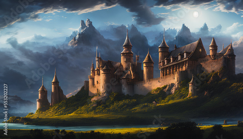 A painting depicting a majestic castle on a hill during a stormy night. The castle looks imposing and stately, but its towers and walls are streaked with wind and lightning illuminating the dark sky.  © 4K_Heaven