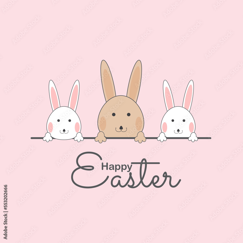 Fototapeta premium Happy easter with bunny and easter egg greeting card. Cute rabbit background. Vector illustration.