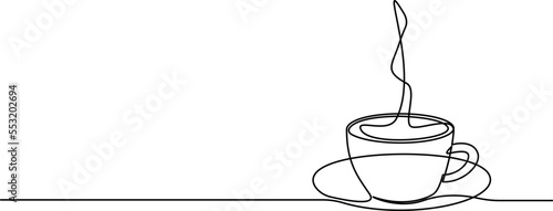continuous single line drawing of cup of steaming hot coffee or other hot beverage, line art vector illustration