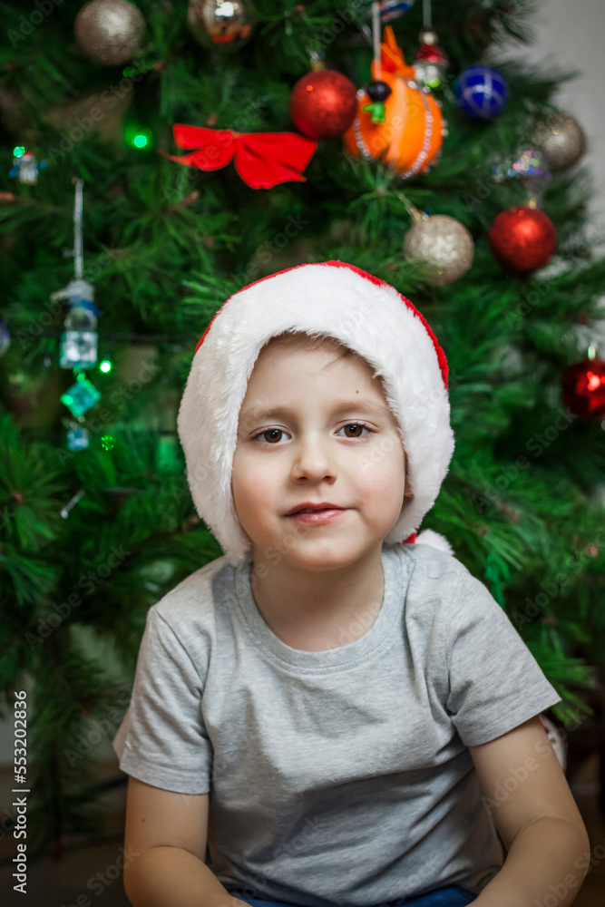 A photo of a beautiful boy in a gray T-shirt and a Santa Claus hat at the Christmas tree, looking into the camera. Portrait in a bright room. Natural, not staged photography. A photo of a beautiful boy in a gray T-shirt and a Santa Claus hat at the Christmas tree, looking into the camera. Portrait in a bright room. Natural, not staged photography.