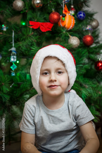 A photo of a beautiful boy in a gray T-shirt and a Santa Claus hat at the Christmas tree  looking into the camera. Portrait in a bright room. Natural  not staged photography.