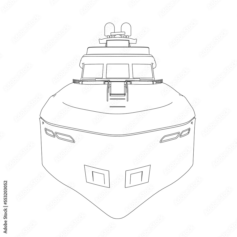 Outline of a large luxury yacht from black lines isolated on a white background. Front view. 3D. Vector illustration. Outline of a large luxury yacht from black lines isolated on a white background. Front view. 3D. Vector illustration.