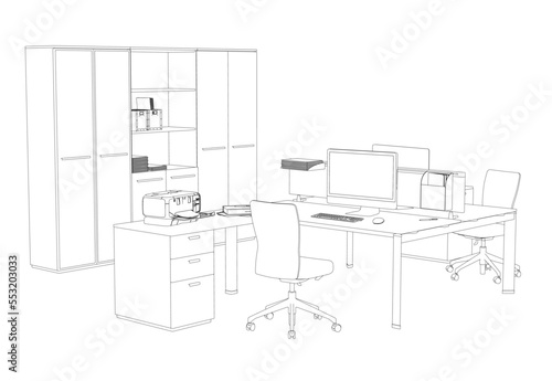 Outline of two office workplaces with computers and accessories from black lines isolated on white background. Perspective view. 3D. Vector illustration.