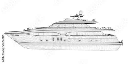 Wireframe of a large luxury yacht from black lines isolated on a white background. Side view. 3D. Vector illustration.