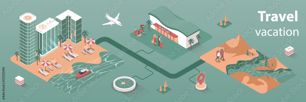Travel vacation concept 3d isometric infographics web banner. People book plane tickets and hotel rooms, relax on beach or hiking in mountains. Vector illustration in isometry graphic design