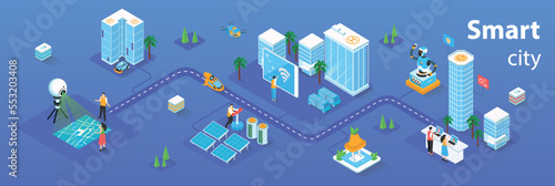 Smart city concept 3d isometric infographics web banner. People live in skyscrapers with smart automation system and futuristic infrastructure. Vector illustration in isometry graphic design