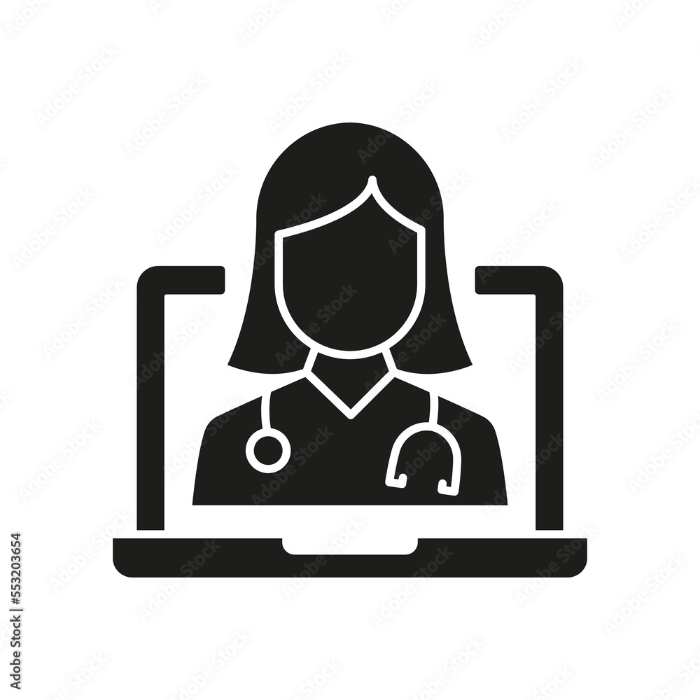 Online Digital Medicine Silhouette Icon. Doctor in Computer Medical Health Care Online Glyph Black Pictogram. Virtual Medicine Service Icon. Telemedicine. Isolated Vector Illustration Online Digital Medicine Silhouette Icon. Doctor in Computer Medical Health Care Online Glyph Black Pictogram. Virtual Medicine Service Icon. Telemedicine. Isolated Vector Illustration