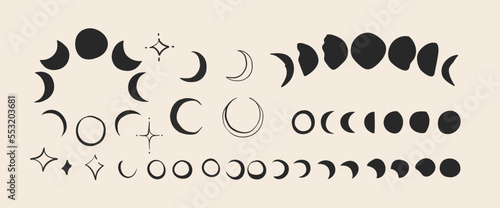 Hand drawn vector abstract graphic illustration with logo elements collection set,magic crescent, moon phases, stars, silhouettes and line art,isolated. Astrology moon and star design concept drawing.
