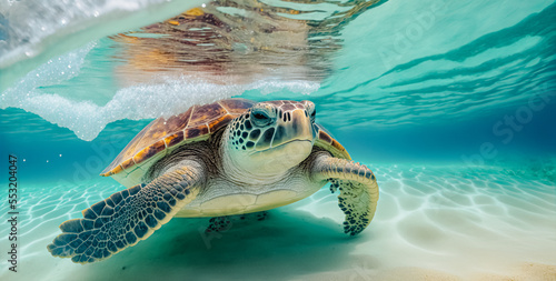 Green Sea Turtle Cruising in the warm waters of the Pacific Ocean	 photo