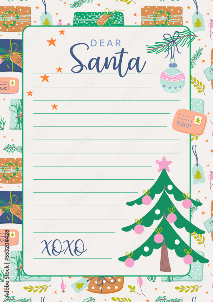 Cute blank for Christmas letter to Santa Claus. Cute template for kids holiday wishes. Vector illustration.
Cute blank for Christmas letter to Santa Claus. Cute template for kids holiday wishes. Vector illustration.