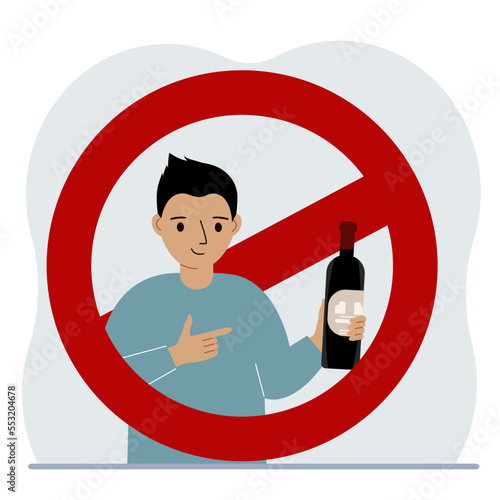 Little boy with a bottle of alcohol in his hand. There is a red prohibition sign around the boy. The concept of children's alcohol addiction.