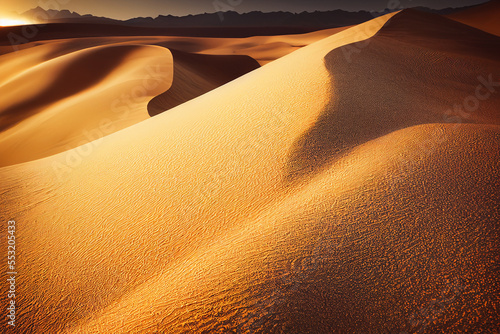 Realistic 3D render of desert dunes in sunset gold light