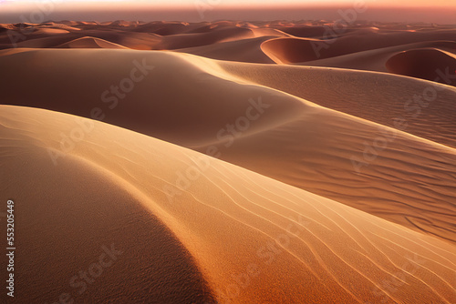 Realistic 3D render of desert dunes morning light dawn landscape