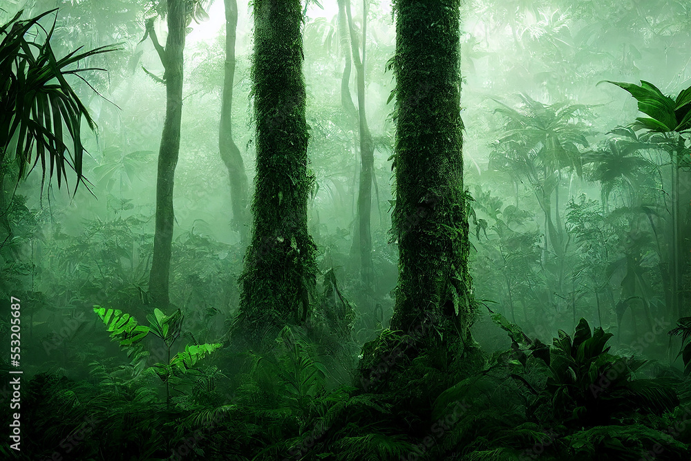 Fototapeta premium Realistic drawing of lush green jungle conept art Amazonas