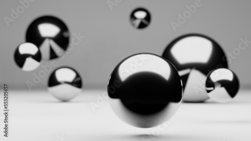 Group of shiny metallic balls or spheres floating in mid-air above ground in realistic studio interior, abstract conceptual rendering illustration