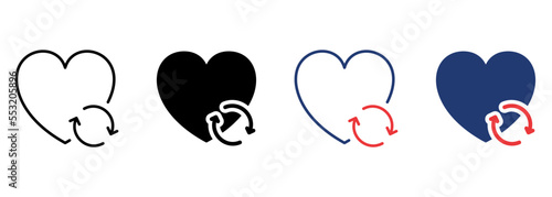 Transplant and Donate of Heart with Arrow Icon Set. Recycle and Renovation Organ Pictogram. Heart Donation Icon. Editable Stroke. Isolated Vector Illustration