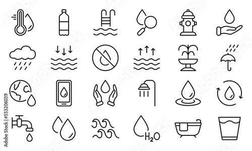Water Line Icon Set. Drop Water Linear Icon. Mineral Water, Low and High Tide, Shower, Plastic Bottle and Glass Outline Pictogram. Fire Hydrant and Fountain. Editable stroke. Vector illustration
