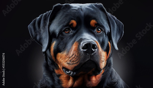 A portrait of a black Rottweiler dog, generative ai
