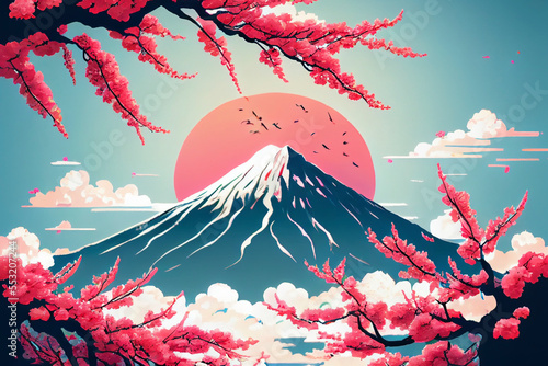 イメージ素材:アニメ風の桜と富士山の風景..Generative AI photo