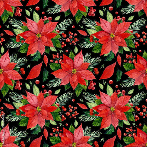 Christmas seamless pattern. Watercolor illustration. Red Poinsettia  Holly  berries  leaves  pine branches on a black background. For fabric  packaging  scrapbooking  etc.