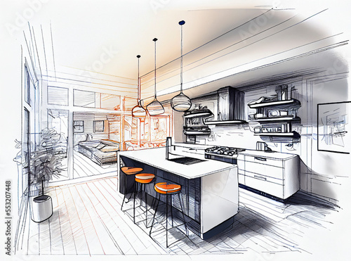 イメージ素材：モダンなキッチンのラフスケッチアートGenerative AI