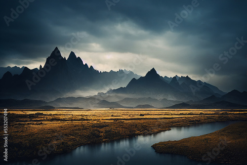 Small river in front of dramatic rising mountains overcast sky © Martin