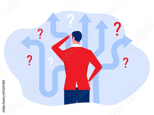 Businessman Decision Which Way at arrows pointing to many directions. vector illustration.