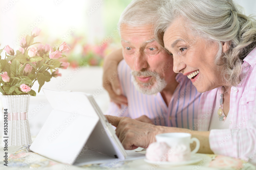 portrait of a happy old couple using tablet at home portrait of a happy old couple using tablet at home